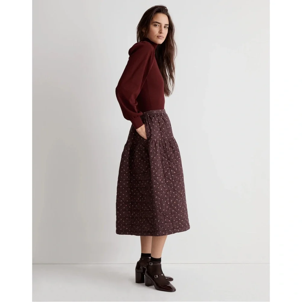 Madewell Quilted Crinkle Floral Midi Skirt - Brown Chocolate Raisin - Picture 3 of 8